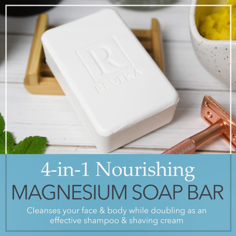 Reveka Skincare 4-Pack Magnesium Soap Bar - 4-in-1 Natural Soap Bar for Face, Body, Hair &amp; Shaving | Triple Milled Bar Soap with Shea Butter, US-Crafted Peppermint Soap, 4 Bars (7 oz. Each)