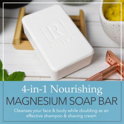 Reveka Skincare 4-Pack Magnesium Soap Bar - 4-in-1 Natural Soap Bar for Face, Body, Hair &amp; Shaving | Triple Milled Bar Soap with Shea Butter, US-Crafted Peppermint Soap, 4 Bars (7 oz. Each)