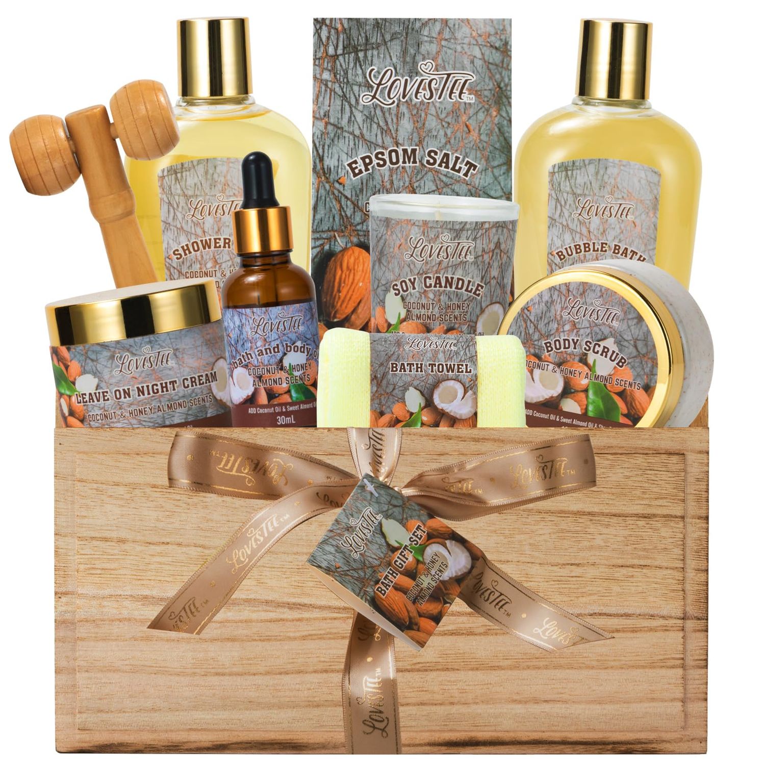 Valentiens Day 10 Pc Spa Gift Set for Women - Gifts for Her Spa Kit Bubble Bath Spa Gift Basket for Women with Epsom Salt, Bath &amp; Body Oil, Body Scrub, Candle, Wood Massage Tool - Bath Set Spa Basket