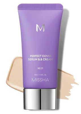 MISSHA M PERFECT COVER SERUM BB CREAM No.21 Light Beige, Skin Care Foundation Makeup, Tinted Moisturizer, Superfood Complex, Buildable Coverage, Glass Skin, Paraben Free,1.18 Fl oz