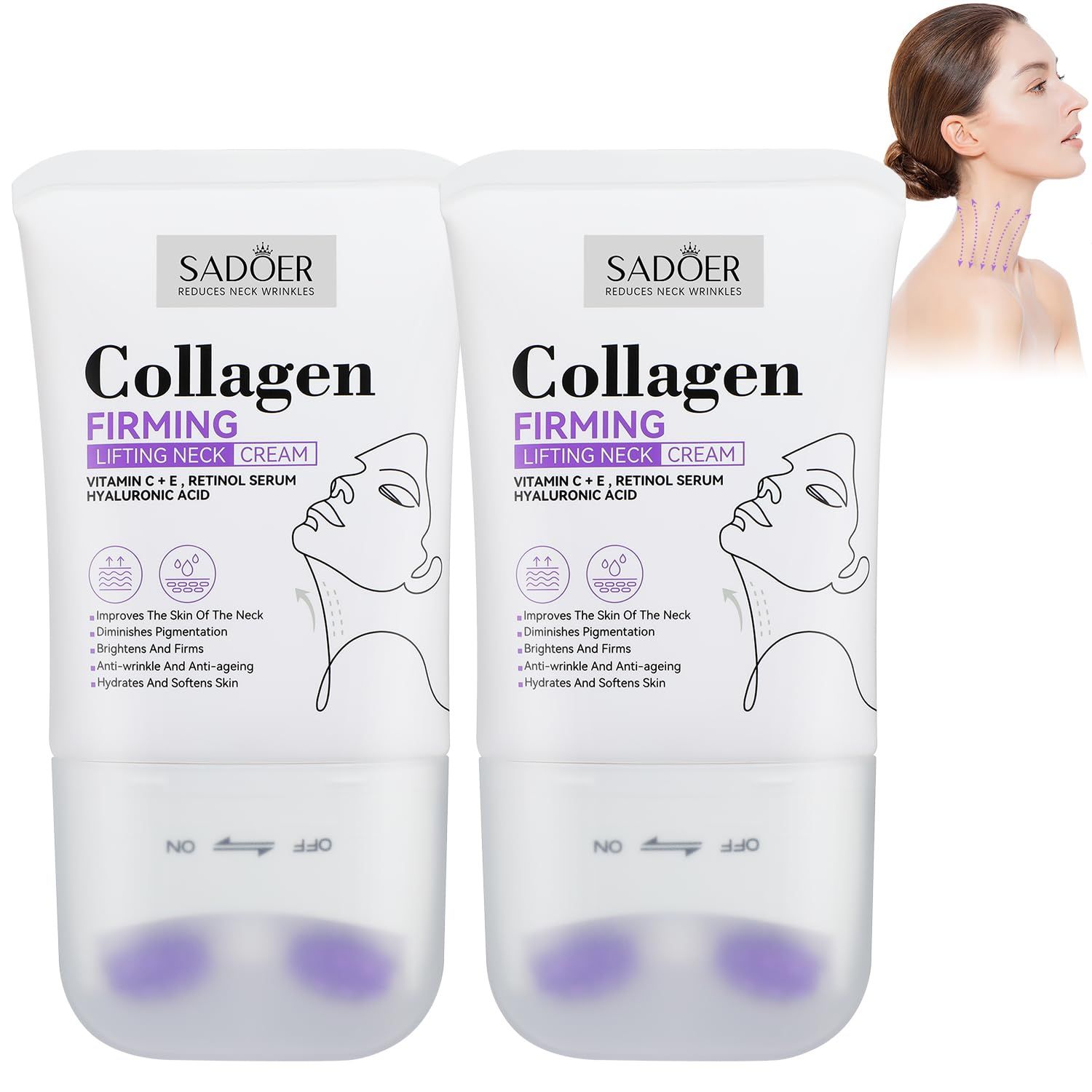 Sadoer Neck Collagen Cream, Neck Creams for Tightening and Firming, Sadoer Collagen Firming Cream for Loose Skin, Tighten and Lift Neck Cream with Roller, Tightens&amp;Smooths Wrinkles (2PCS)