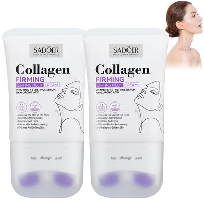 Sadoer Neck Collagen Cream, Neck Creams for Tightening and Firming, Sadoer Collagen Firming Cream for Loose Skin, Tighten and Lift Neck Cream with Roller, Tightens&amp;Smooths Wrinkles (2PCS)