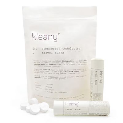 Kleany - 100 Compressed Towels Tablets - 100% Rayon - Biodegradable &amp; Hypoallergenic - Travel &amp; Makeup Remover Wipes - Hiking &amp; Camping - Coin Tissue