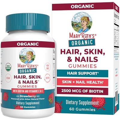 MaryRuth Organics Hair | Skin | and Nails Vitamins | Biotin Gummies with Vitamin C &amp; Vitamin E | Hair Growth Vitamins | Skin Care | Nail Strength | USDA Organic Gummies for Ages 14+ | 60 Count