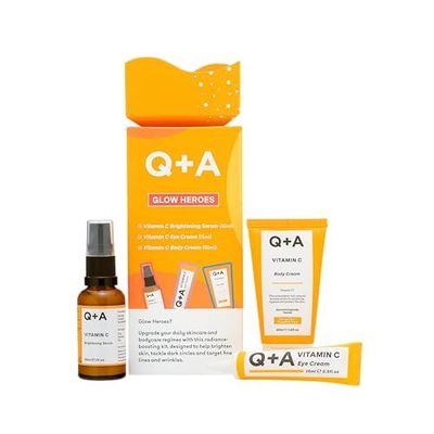Q+A Glow Heroes Skincare Giftset - A Trio with Vitamin C Serum 30ml, Eye Cream 15ml &amp; Body Cream 50ml - Rejuvenate - Vegan &amp; Cruelty-Free, Made in UK