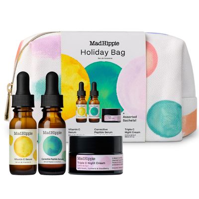 Mad Hippie Holiday Bag, Skin Care Travel Set - Vitamin C Serum, Corrective Peptide Serum, Triple C Night Cream (0.5 Oz Ea) + 3 Assorted Sachets, Gifts for Women (7 Piece Set)