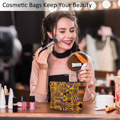 Kalygon Women Cosmetic Bag African Pattern, African Tribal Ethnic Geometric Cute Makeup Bag For Purse Cosmetic Travel Bag For Toiletries Makeup Storage Bag Flax Skincare Bag Make Up Pouch Bags