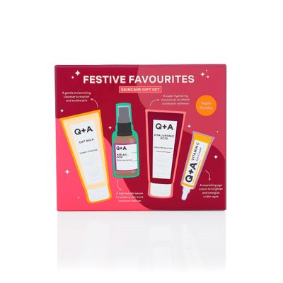 Q+A Festive Favourites Gift Set, containing a Hyaluronic Acid Moisturiser (75ml), an Oat Milk Cream Cleanser (75ml), an Azelaic Acid Serum (30ml), and a Caffeine Eye Serum (15ml)