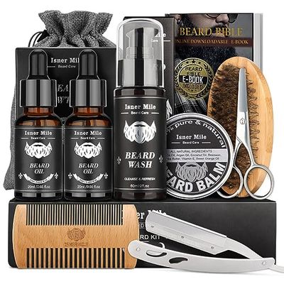 Isner Mile Beard Grooming Kit for Men Beard Care Kit with Beard Shampoo, Beard Oil, Balm, Brush, Comb, Scissors &amp; Storage Bag Father&#39;s Day, Christmas &amp; Birthday Gifts for Men Stocking Stuffers for Him