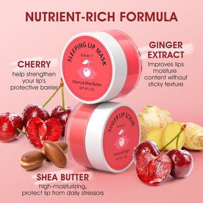 Lip Scrub &amp; Lip Mask Set, Cherry Lip Exfoliator Scrub, Christmas Gifts Stocking Stuffers Gift for Women, Overnight Suger Lip Treatment, Repair Dry Cracked Lips - with Lip Brush (10g*2)