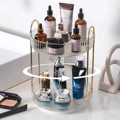 shuang qing Rotating Makeup Organizer for Vanity 2 Tier, High-Capacity Skincare Clear Make Up Storage Perfume Organizers Cosmetic Dresser Organizer Countertop 360 Spinning Clear