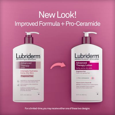 Lubriderm Advanced Therapy Moisturizing Hand and Body Lotion + Pro-Ceramide with Vitamin E and Pro-Vitamin B5, Non-Greasy, Fragrance-Free, Intense Hydration for Itchy, Extra Dry Skin, 32 FL OZ