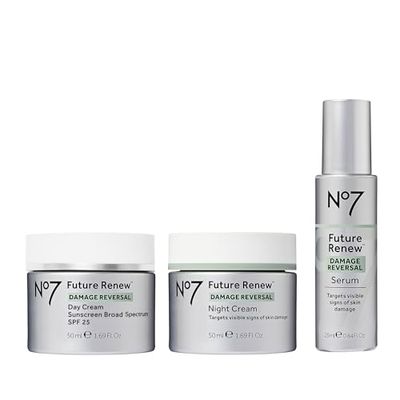 No7 Future Renew Damage Reversal Skincare Set - Anti Aging Face Serum (.33 Fl Oz), Day Cream with SPF 25 (1.69 Fl Oz) &amp; Night Cream (1.69 Fl Oz) - Reverses Visible Signs of Sun Damage - 3-Piece Set