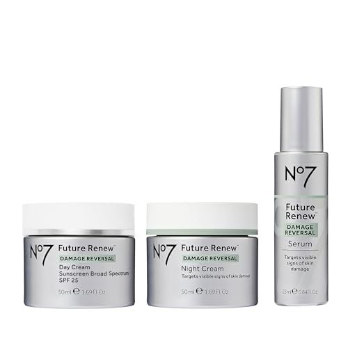 No7 Future Renew Damage Reversal Skincare Set - Anti Aging Face Serum (.33 Fl Oz), Day Cream with SPF 25 (1.69 Fl Oz) &amp; Night Cream (1.69 Fl Oz) - Reverses Visible Signs of Sun Damage - 3-Piece Set