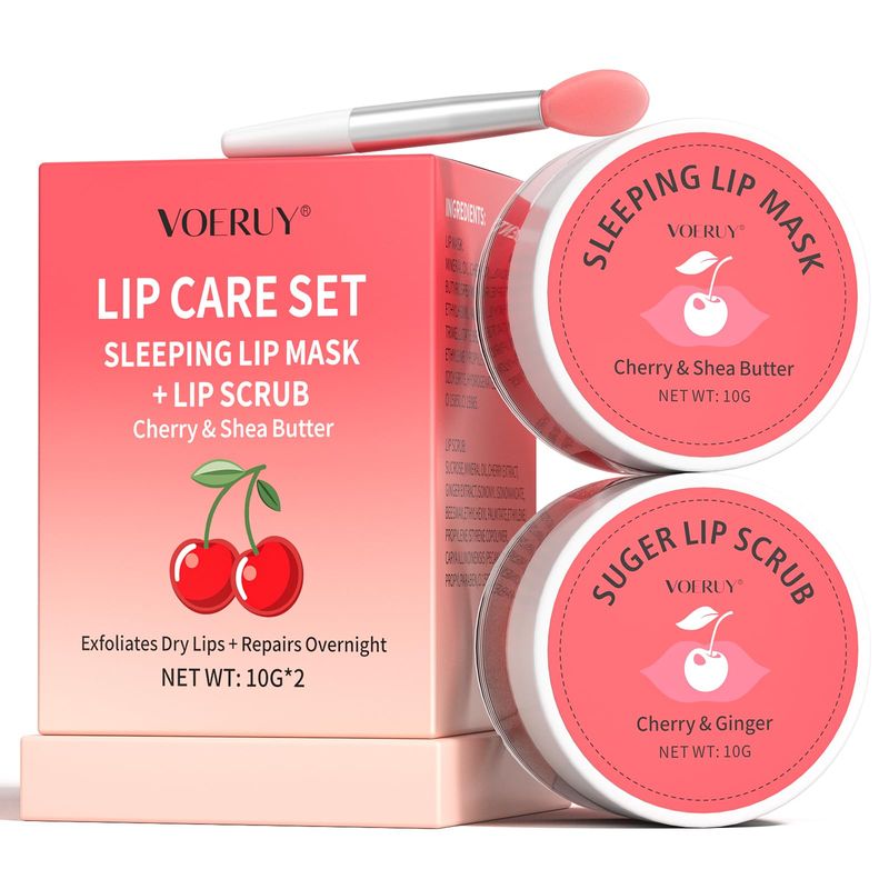 Lip Scrub &amp; Lip Mask Set, Cherry Lip Exfoliator Scrub, Christmas Gifts Stocking Stuffers Gift for Women, Overnight Suger Lip Treatment, Repair Dry Cracked Lips - with Lip Brush (10g*2)
