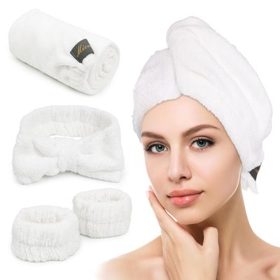 SOOWASH Microfiber Hair Towel Headband and Wristband Set for face Washing Set, 4 Pcs Spa Headband Makeup Skincare Headbands Wrist Towels Wrist Bands for Washing Face (White)