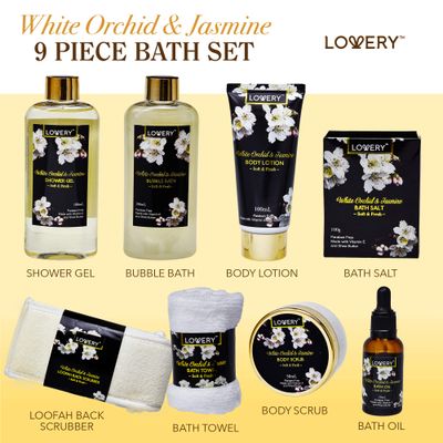 Valentines Day Gifts for Mom, Bath and Body Gift Basket for Women and Men - Orchid & Jasmine Home Spa Set With Body Scrubs, Lotions, Oils, Gels and More - Care Package for Women & Men - 9 Piece Set