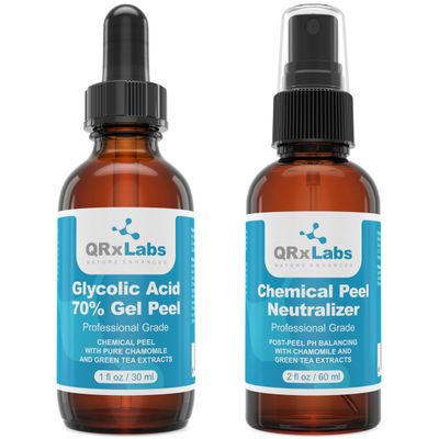 QRxLabs 70% Glycolic Acid Gel Peel &amp; Neutralizer Set - Professional-grade skincare for acne, wrinkles, collagen boost - 1 fl oz &amp; 2 fl oz bottles