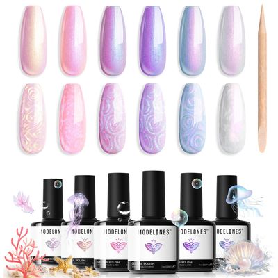 modelones Gel Nail Polish, 6 Colors Shimmer Pearl White Pink Purple Mermaid Nail Drawing Glitter Gel Polish with Dotting Pen Soak Off Led Nail Gel Polish Swirl Shell Thread Effect DIY Mani Gift