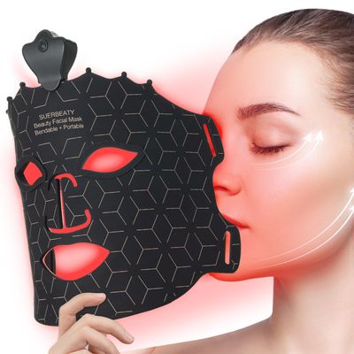 SUERBEATY Red Light Mask - 7 Colors Red Light Mask for Face, Facial Skin Care Mask at Home, Cordless, Ergonomic Design and Rechargeable for Home - Black