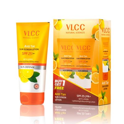 VLCC Natural Anti Tan SPF 25 Sunscreen Lotion with Lemon | Provides UV Rays Protection &amp; Helps Reduce Tanning | Enhances Skin Tone | Non Greasy | 5.07 Fl Oz/150 ml (Pack of 2)