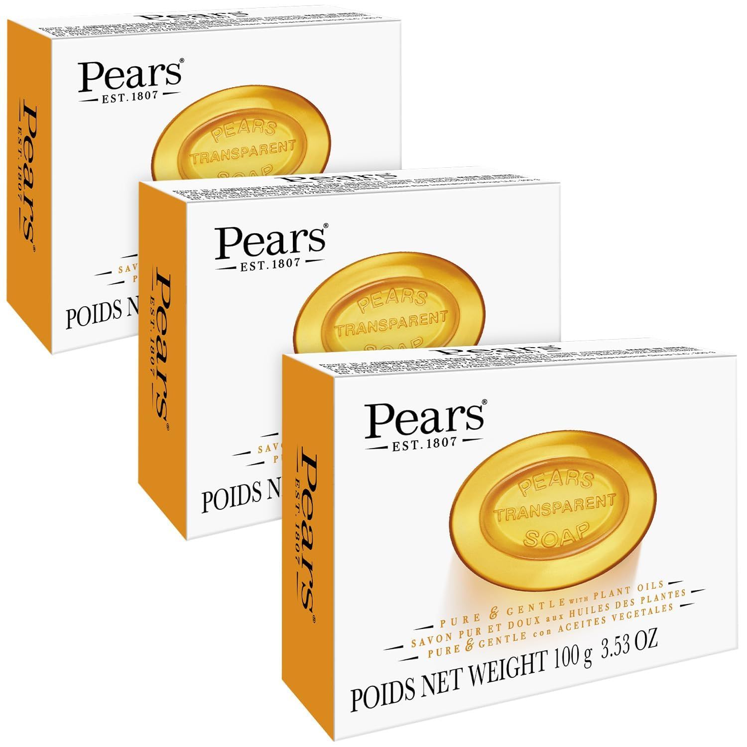 Pears Soap, Face &amp; Body Soap, Amber - Pure &amp; Gentle Transparent Bar Soap, Moisturizing Glycerin Soap with Natural Oils for Pampered, Glowing Skin, 3.53 Oz (Pack of 3)