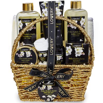 Valentines Day Gifts for Mom, Bath and Body Gift Basket for Women and Men - Orchid &amp; Jasmine Home Spa Set With Body Scrubs, Lotions, Oils, Gels and More - Care Package for Women &amp; Men - 9 Piece Set