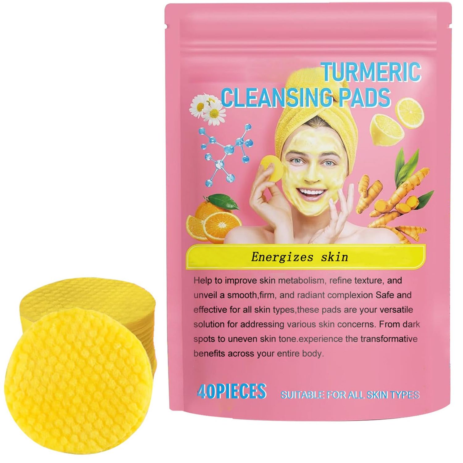 YURHERSU 40 PCS Turmeric Cleansing Pads, Turmeric Exfoliating Face Scrub Pads, Turmeric Cleansing, Gentle &amp; Non-Irritating Moisturizing Firming Skin, Helps Balance Skin Oil And Water