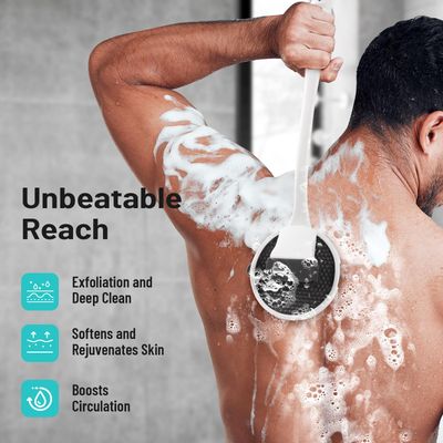 Silicone Back Scrubber for Shower, New Update Detachable Long Handle Body Brush, Loop Fin Bristles Loofah for Gentle Exfoliating, Deep Cleansing for All Skin Types, Shower Essential for Men and Women