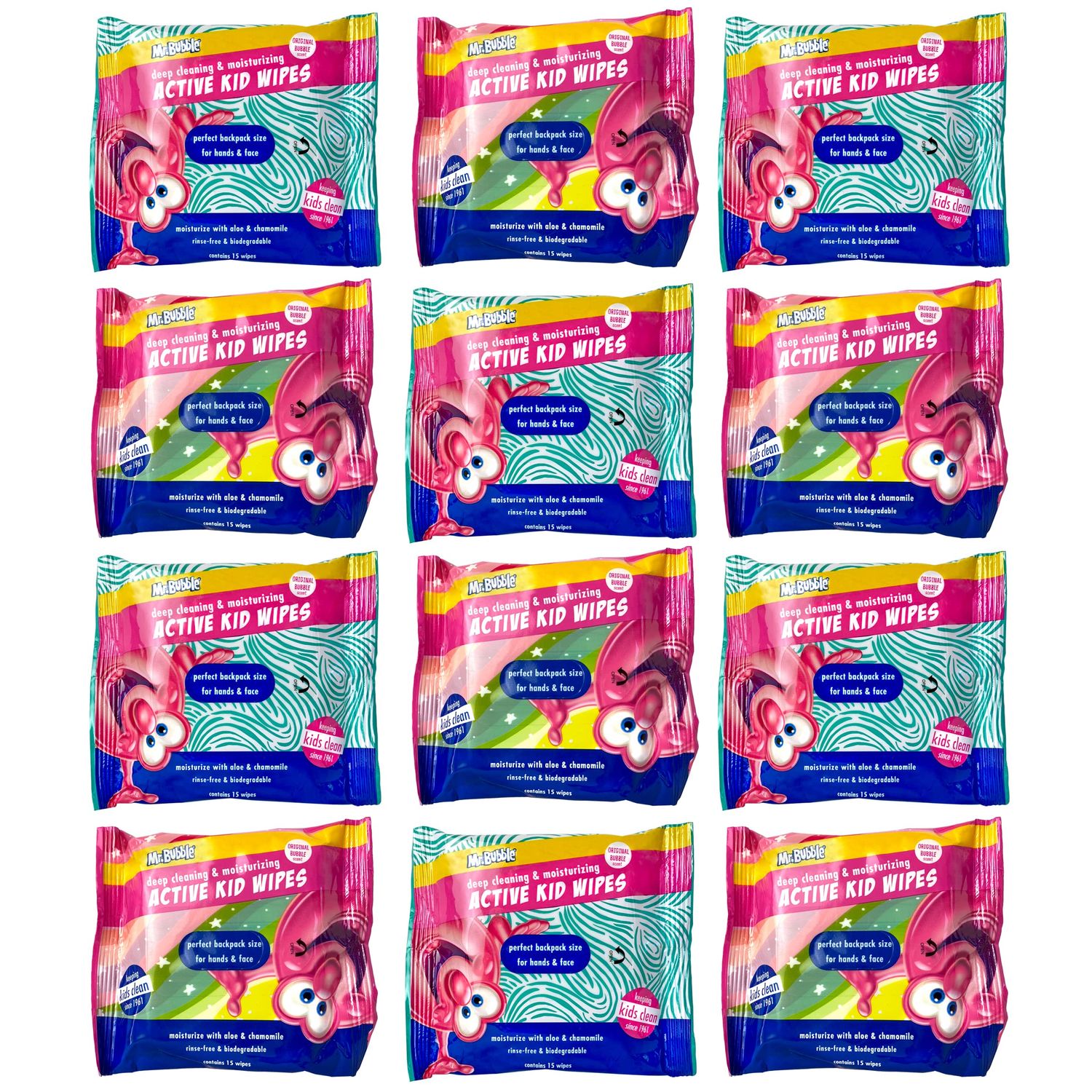 Mr. Bubble Moisturizing Kids Gentle Face and Hand Wipes, Travel Size Biodegradable Deep Cleaning Towelettes Made with Hydrating Aloe Vera and Chamomile (Pack of 12 Pouches, 15 Wipes Each)