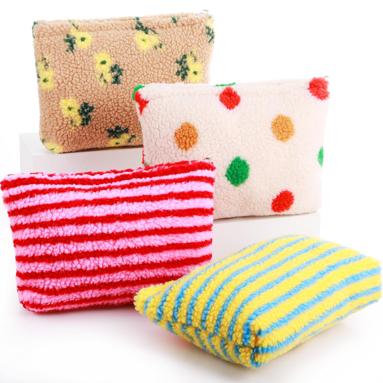 Paterr 4 Pcs Fluffy Makeup Bag for Women Preppy Cosmetic Bags Plush Makeup Pouch Aesthetic Fuzzy Toiletry Bag with Zipper Storage Fluffy Pouch Skin Care Make up Brushes Organizer(Bright Style)