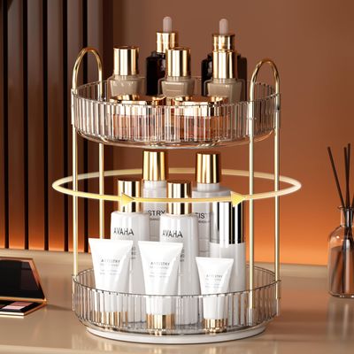 YCIA&amp;DONE 360 Rotating Makeup Organizer and Storage for Vanity Bathroom Countertop, High Capacity Cosmetic Skincare Perfume Organizer for Dresser Lazy Susan Organizers(Clear White,2 Tiers)