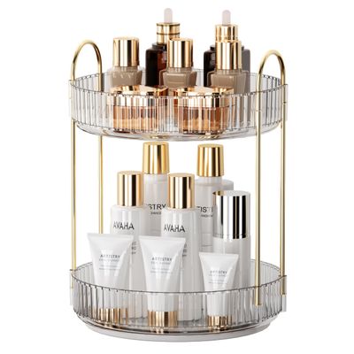 YCIA&amp;DONE 360 Rotating Makeup Organizer and Storage for Vanity Bathroom Countertop, High Capacity Cosmetic Skincare Perfume Organizer for Dresser Lazy Susan Organizers(Clear White,2 Tiers)