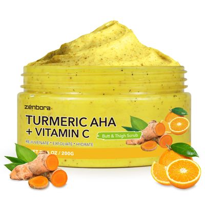 Turmeric Vitamin C Facial Scrub Exfoliator for Black Pore Deep Cleaning, Body Scrub Exfoliator for Butt Acne/Back Excess Sebum/Oil/Inner Thigh/Elbow/Foot Dead Skin Cell/Ingrown Hair, Body Care-7.06 OZ