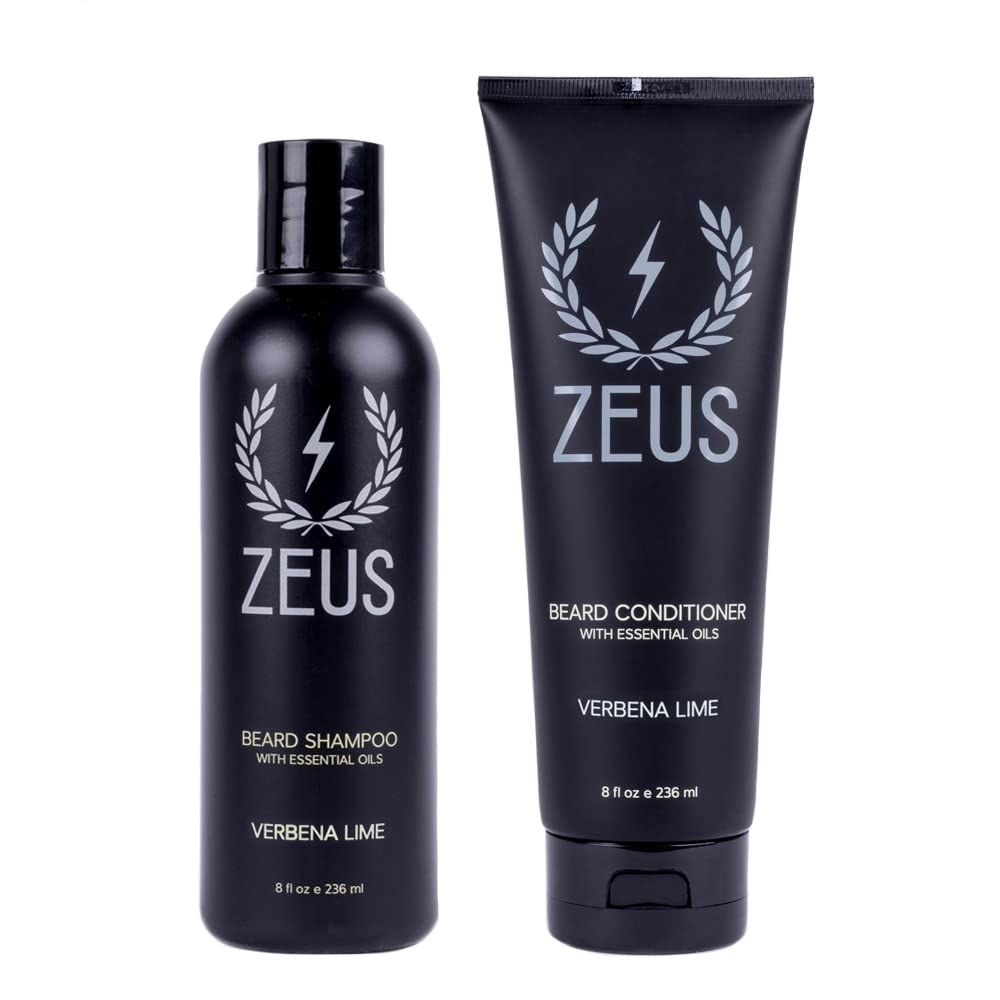 ZEUS Beard Wash &amp; Beard Conditioner Set with Green Tea for Men, Soften, Hydrates &amp; Moisturizes - MADE IN USA (Verbena Lime)