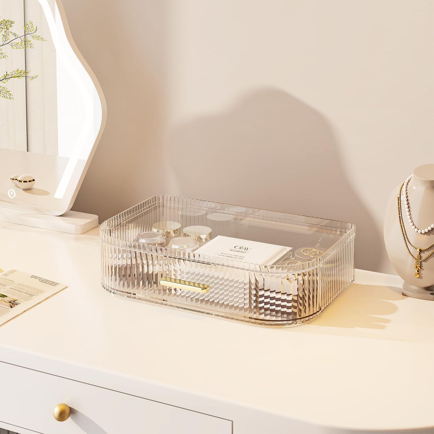 MIUOPUR Stackable Storage Drawers, Makeup Organizer with Rotating Makeup Brush Holder, Ideal for Vanity Countertop and Bathroom Counter, Great for Cosmetics, skincare, Lipsticks -Clear
