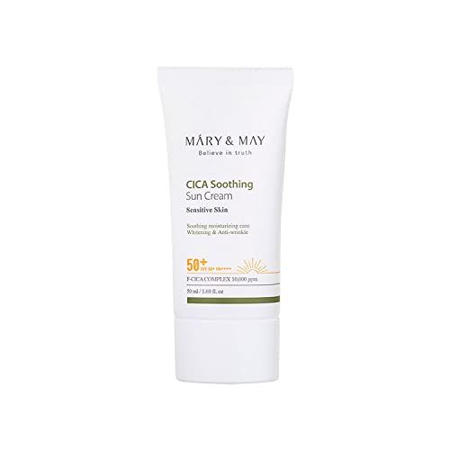 Mary&amp;May CICA Soothing Sun Cream SPF50+ PA++++ 50ml, Korean sunscreen face, No Sticky, No Streak, No white cast, Sun block, Cica facial Vegan sun cream, Daily care
