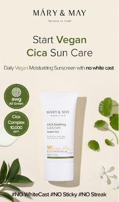 Mary&amp;May CICA Soothing Sun Cream SPF50+ PA++++ 50ml, Korean sunscreen face, No Sticky, No Streak, No white cast, Sun block, Cica facial Vegan sun cream, Daily care