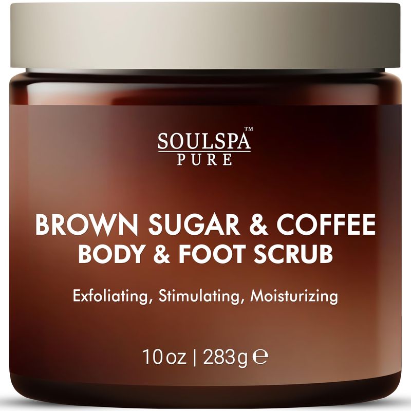 SOULSPA PURE Brown Sugar and Coffee Foot &amp; Body Scrub - Energizing Brown Sugar &amp; Moisturizing Coffee Scrub Body Exfoliator for All Skin Types, 10 oz