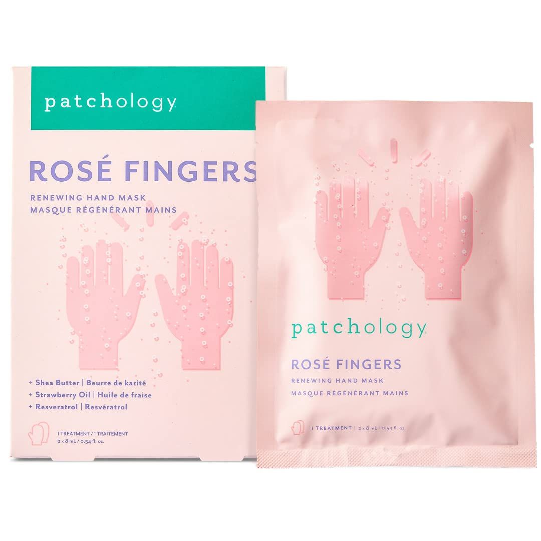 Patchology Ros Fingers Renewing Hand Mask - Strawberry-Scented Moisturizing Gloves with Shea Butter for Dry &amp; Cracked Hands, Repairing Hand Treatment for Baby Soft Skin, Self-Care Essential - 1 Pair