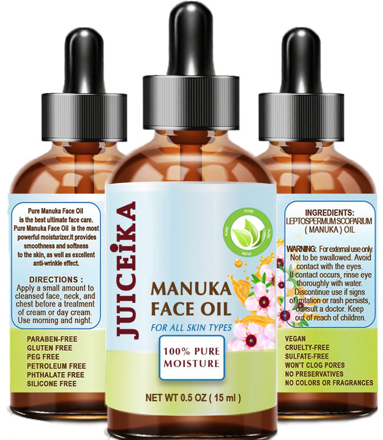 Juiceika MANUKA OIL Australian 100% Pure. Face Moisturizer Anti-Aging Face Oil for Face, Skin, Hair, Lip and Nail Care 0.5 Fl.Oz. - 15 ml