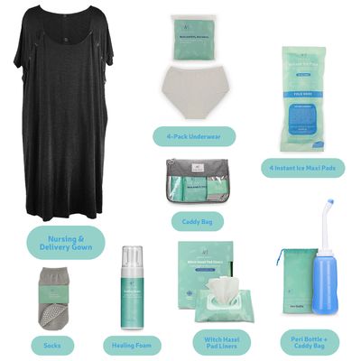 Postpartum Care Kit for Mom (14-Piece) - Includes Labor and Delivery Gown, Peri Bottle, Witch Hazel Foam, Pad Liners &amp; More! with Hospital Essentials for Women After Birth
