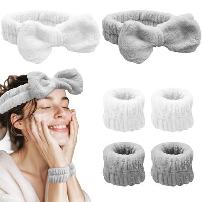 PohodlnArte 6PCS Spa Headband and Wrist Bands,skincare headband and wristband set Makeup Headband For Washing Face,Wrist Bands for Washing Face (Gray, White)
