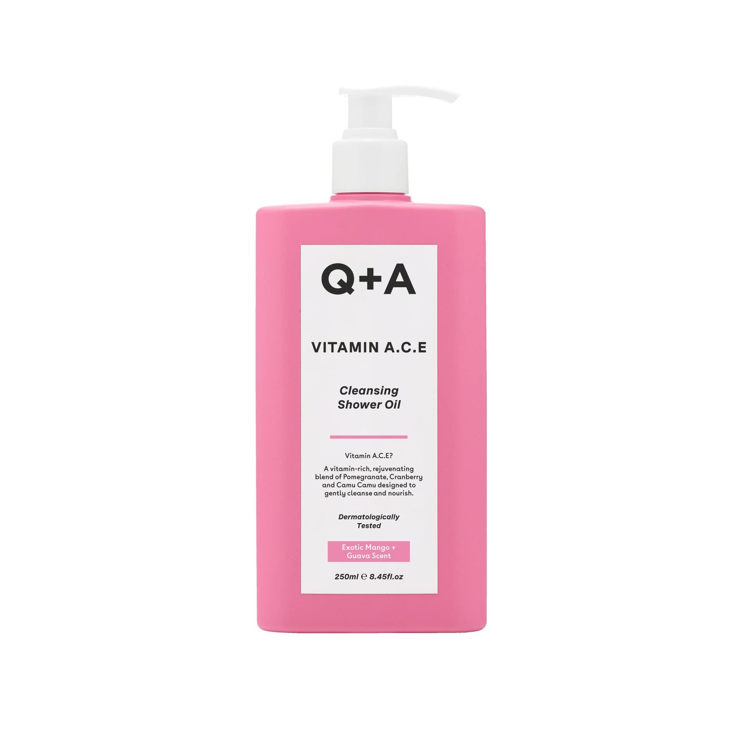 Q+A Vitamin A.C.E Cleansing Shower Oil, blend of vitamin-rich Fruit Extracts and Oils, plus a Superfood Complex supporting skin barrier whilst delivering an ultra-gentle cleanse, 250ml