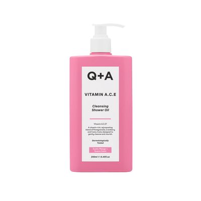 Q+A Vitamin A.C.E Cleansing Shower Oil, blend of vitamin-rich Fruit Extracts and Oils, plus a Superfood Complex supporting skin barrier whilst delivering an ultra-gentle cleanse, 250ml