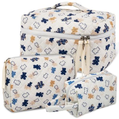 PAuji 3 Pcs Cotton Quilted Cute Makeup Bag with Zipper for Women Gifts, Cosmetic with Blue Bear Organizers Toiletry Bag for Cosmetics, Skincare, Travel