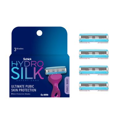 Schick Hydro Silk Ultimate Pubic Skin Protection, 4 Razor Refills Women | Pubic Hair Razor Blades Refills Women, Bikini Razors for Women, Bikini Line Razor, Pubic Razor Refills for Women, 4ct