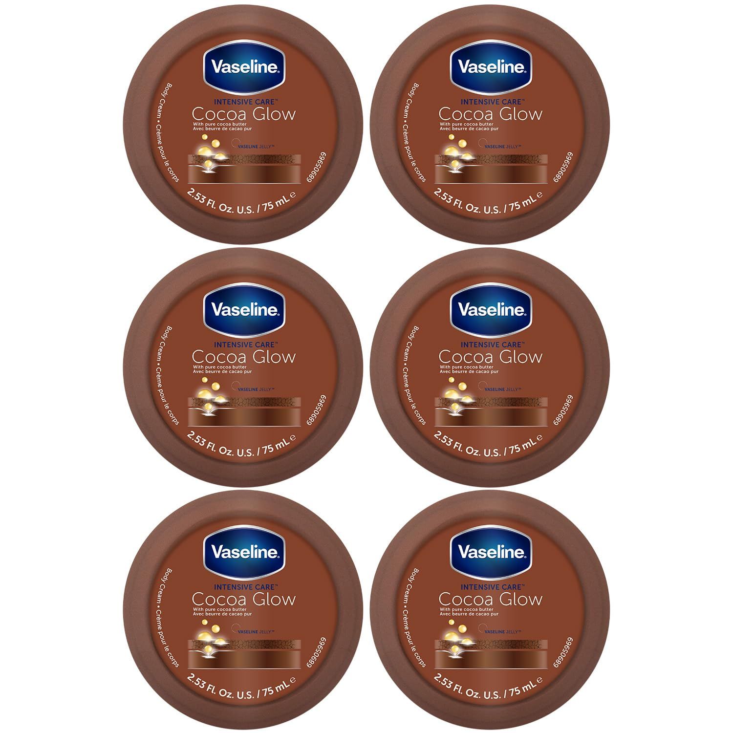 Vaseline Cocoa Glow Body Cream 6-Pack - Pure Cocoa Butter 48H Moisturizing Cream for Dry Skin, Travel-Size, 2.53 Fl Oz Ea