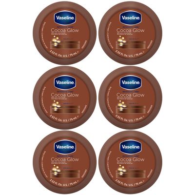 Vaseline Cocoa Glow Body Cream 6-Pack - Pure Cocoa Butter 48H Moisturizing Cream for Dry Skin, Travel-Size, 2.53 Fl Oz Ea