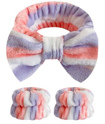 Wrahonbi 3PCS Spa Headband with Wristband Set,Makeup Headband, Bow Headband for Washing Face, Teen Girls Fuzzy Skincare Headbands, Hair Bands for Women Purple Pink